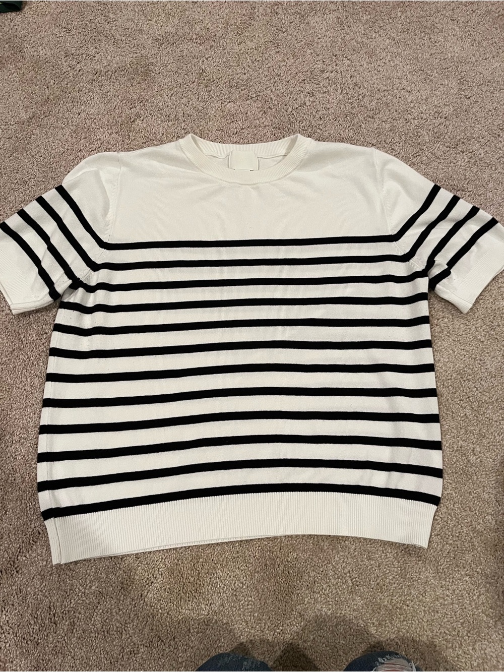 H&M White Crewneck Sweater with Black Stripes